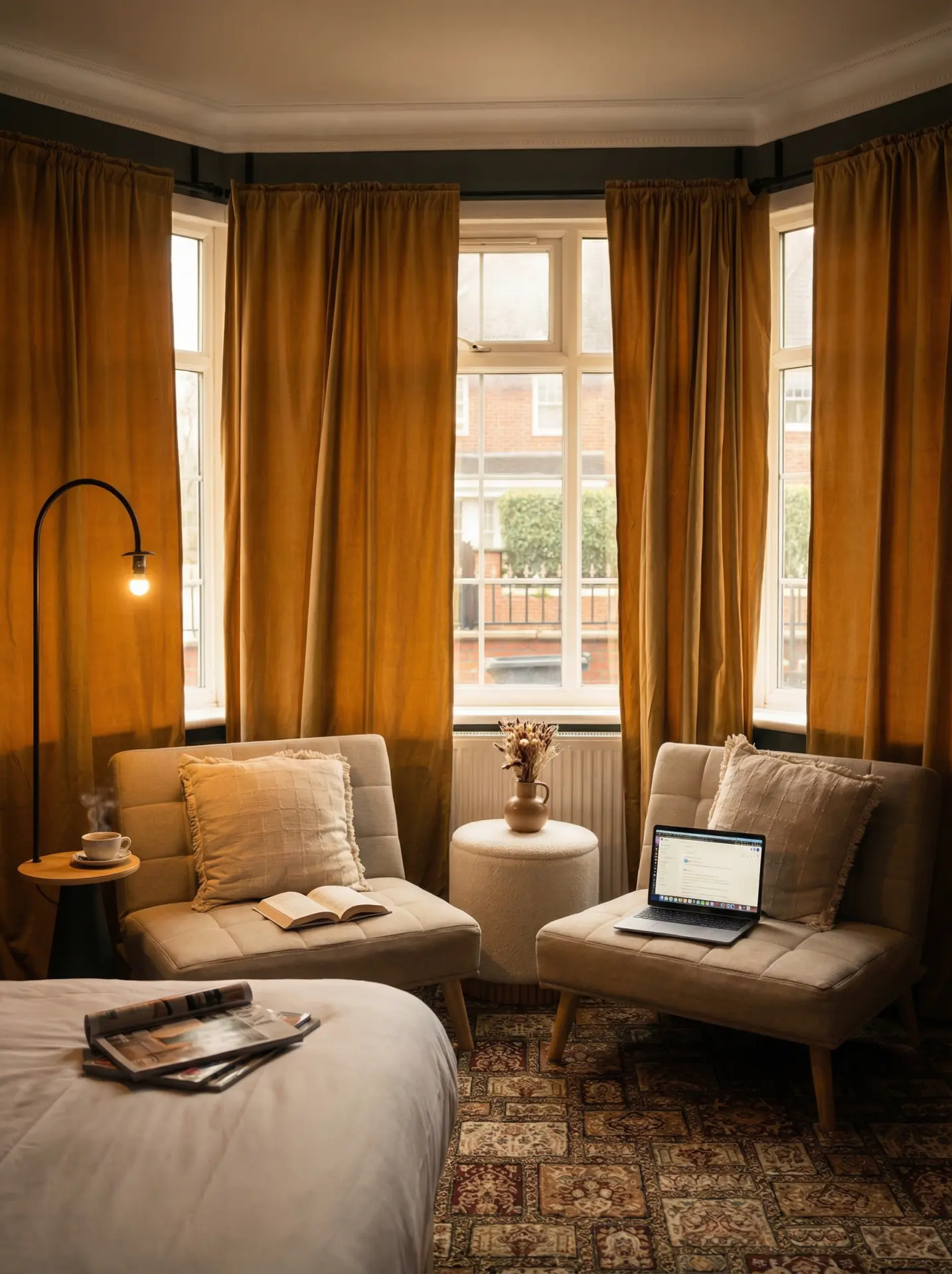 Bay window seating area with mustard curtains